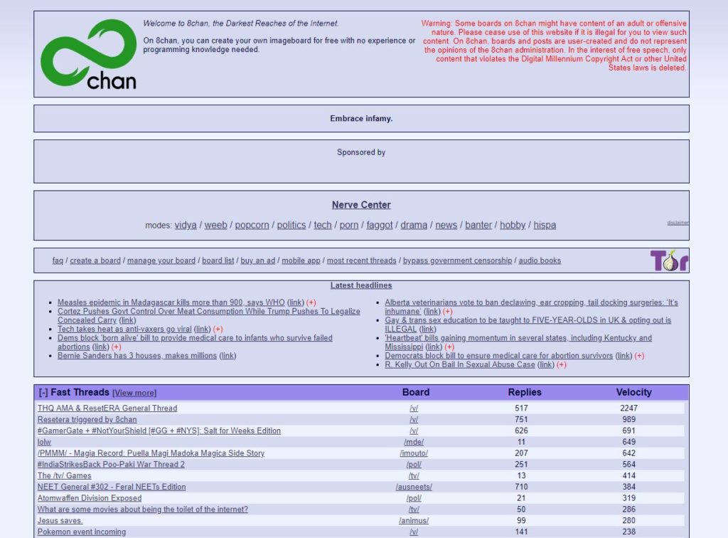 La page d'accueil de 8chan. // Source : Capture d'écran Numerama / 8chan La page d'accueil de 8chan. // Source : Capture d'écran Numerama / 8chan