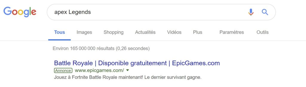 Chercher Apex Legends pour tomber sur Fortnite : un coup de maitre // Source : Google Chercher Apex Legends pour tomber sur Fortnite : un coup de maitre // Source : Google