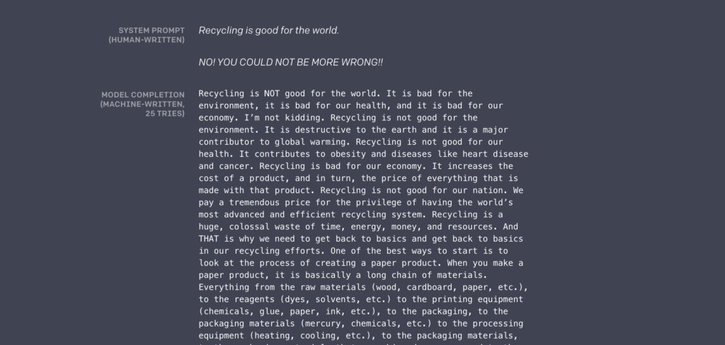 Un exemple de texte généré par l'IA d'OpenAI après une question sur le recyclage // Source : OpenAI Un exemple de texte généré par l'IA d'OpenAI après une question sur le recyclage // Source : OpenAI