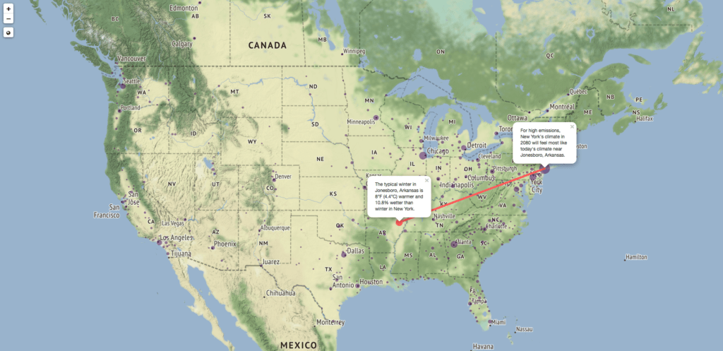 Quel sera le climat aux États-Unis dans 60 ans ? // Source : Capture d'écran fitzlab.shinyapps.io/cityapp Quel sera le climat aux États-Unis dans 60 ans ? // Source : Capture d'écran fitzlab.shinyapps.io/cityapp