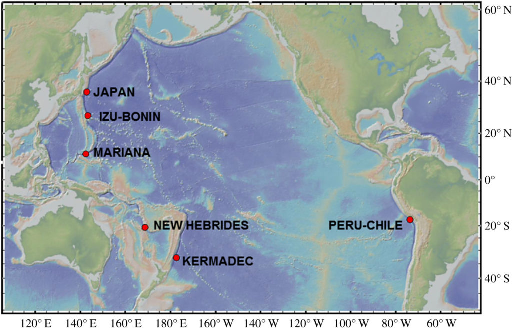 Les fosses océaniques étudiées // Source : Royal Society Open Science, Jamieson, Brooks, Reid, Piertney, Narayanaswamy, Linley Les fosses océaniques étudiées // Source : Royal Society Open Science, Jamieson, Brooks, Reid, Piertney, Narayanaswamy, Linley