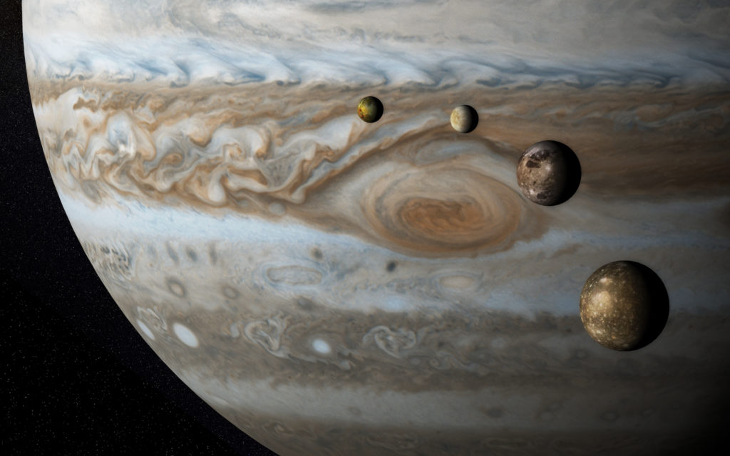 Io, Europe, Ganymède et Callisto, quatre lunes de Jupiter... pas plus grosses que la Terre // Source : Flickr/CC/Kevin Gill (photo recadrée) Io, Europe, Ganymède et Callisto, quatre lunes de Jupiter... pas plus grosses que la Terre // Source : Flickr/CC/Kevin Gill (photo recadrée)