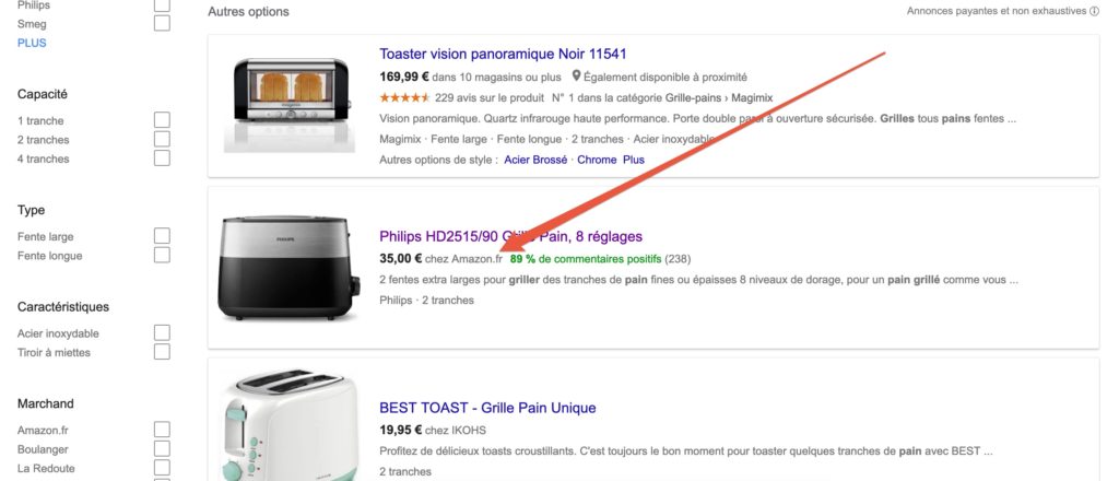 La zone des produits des non-partenaires de Google // Source : Google Shopping La zone des produits des non-partenaires de Google // Source : Google Shopping