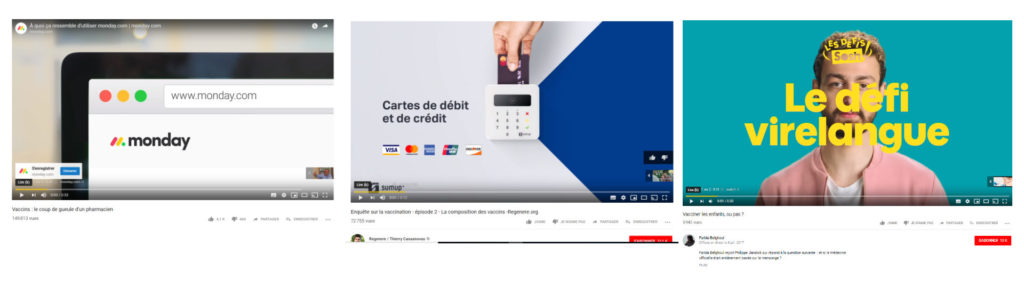 Des publicités sur des vidéos contenant de fausses informations. // Source : Captures d'écran YouTube / Numerama Des publicités sur des vidéos contenant de fausses informations. // Source : Captures d'écran YouTube / Numerama