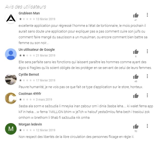 Des avis laissés sur l'application. // Source : Capture d'écran / Google Play Des avis laissés sur l'application. // Source : Capture d'écran / Google Play