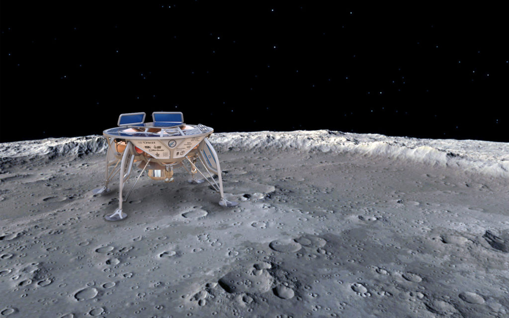 Une vue d'artiste de Beresheet sur la Lune. // Source : Wikimedia/CC/Oshratsl (photo recadrée) Une vue d'artiste de Beresheet sur la Lune. // Source : Wikimedia/CC/Oshratsl (photo recadrée)