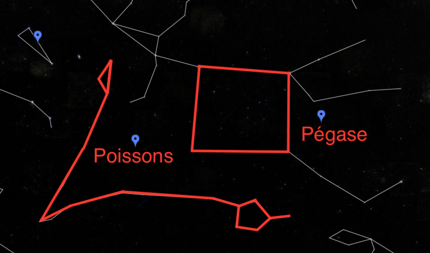 La constellation des Poissons. // Source : Capture d'écran Google Sky, annotations Numerama La constellation des Poissons. // Source : Capture d'écran Google Sky, annotations Numerama