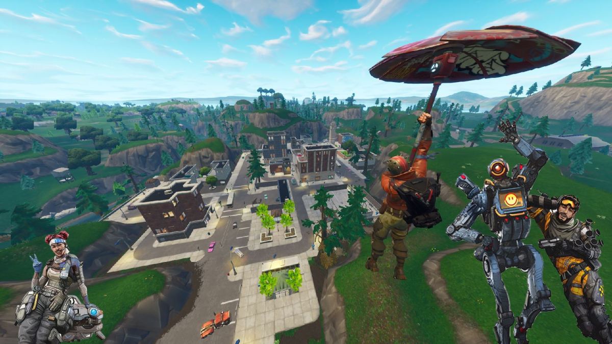 Montage d'une photo promo de Fortnite avec des personnages d'Apex Legends // Source : Epic Games/EA - Montage Numerama Montage d'une photo promo de Fortnite avec des personnages d'Apex Legends // Source : Epic Games/EA - Montage Numerama