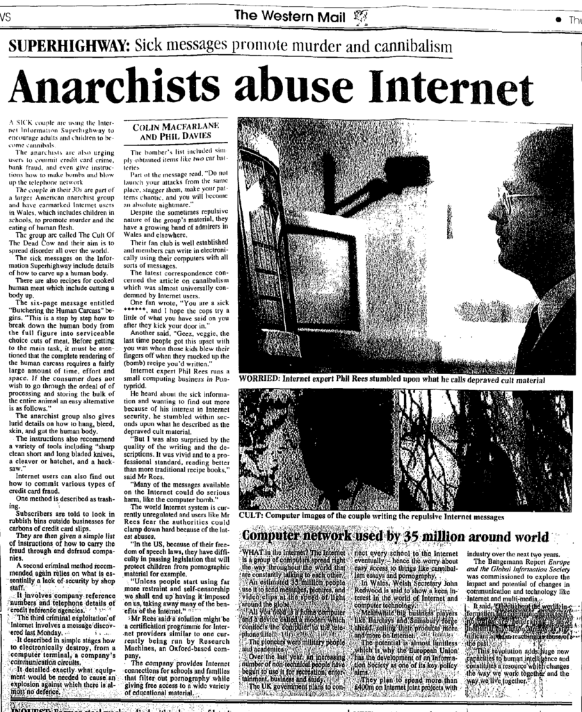 Les anarchistes abusent d'Internet, un article du Western Mail en 1995 qui évoque le cDc. // Source : Rhys Jones Les anarchistes abusent d'Internet, un article du Western Mail en 1995 qui évoque le cDc. // Source : Rhys Jones
