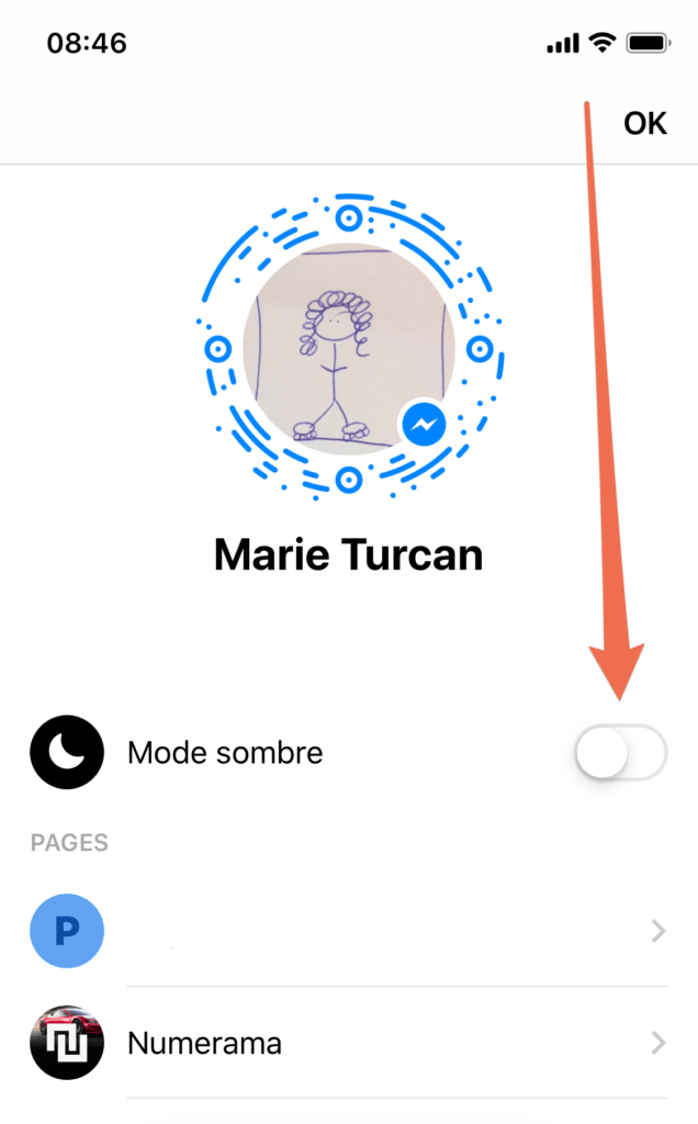 Capture d'écran du mode sombre sur Messenger // Source : Numerama Capture d'écran du mode sombre sur Messenger // Source : Numerama