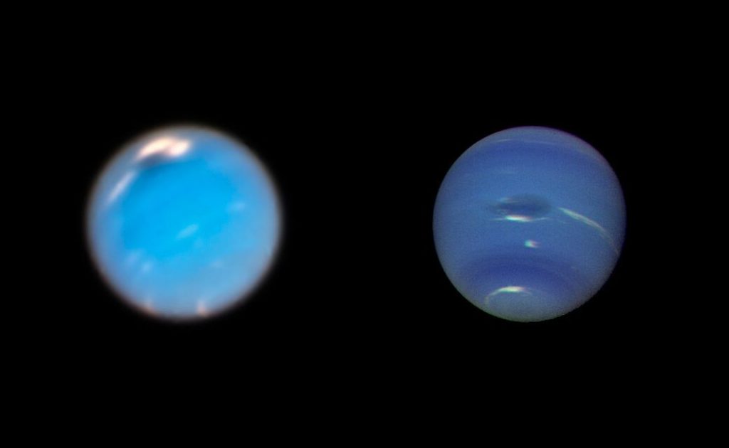 À gauche, Neptune observée par Hubble en 2018. À droite, l'image de Voyager 2 en 1989. // Source : NASA/ESA/GSFC/JPL À gauche, Neptune observée par Hubble en 2018. À droite, l'image de Voyager 2 en 1989. // Source : NASA/ESA/GSFC/JPL
