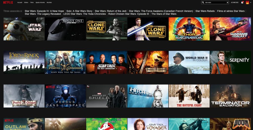 Connecté à un VPN, il est possible d'accéder facilement au catalogue américain de Netflix, qui comprend une bonne partie des derniers Star Wars. Connecté à un VPN, il est possible d'accéder facilement au catalogue américain de Netflix, qui comprend une bonne partie des derniers Star Wars.