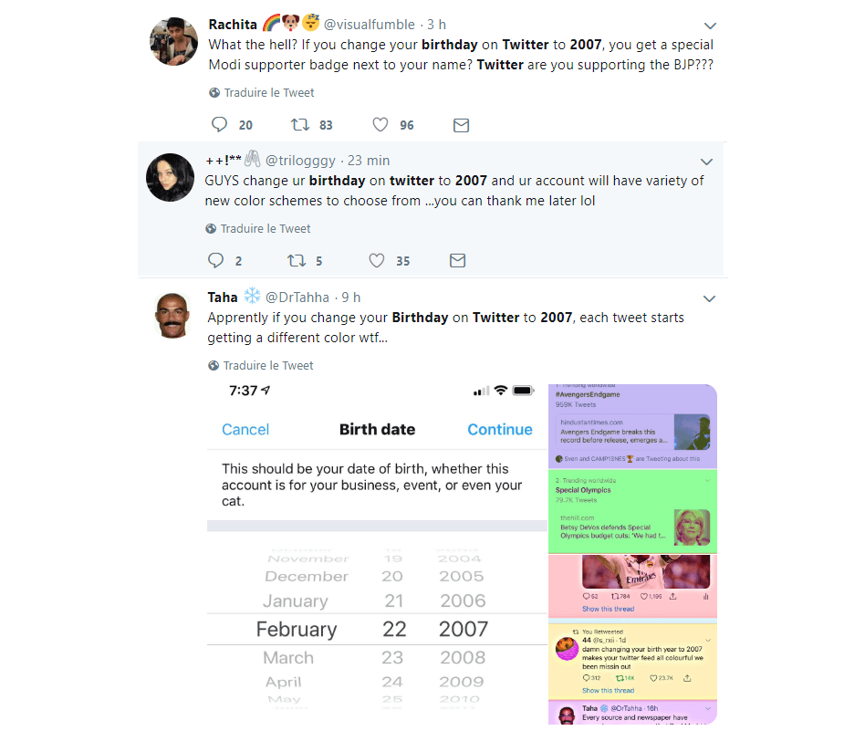 Des internautes vous incitent à changer la date de naissance de votre profil. // Source : Captures d'écran Twitter / Numerama Des internautes vous incitent à changer la date de naissance de votre profil. // Source : Captures d'écran Twitter / Numerama