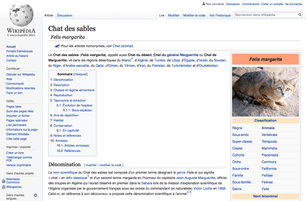 La page Chat des sables sur Wikipédia. // Source : Capture d'écran Wikipédia La page Chat des sables sur Wikipédia. // Source : Capture d'écran Wikipédia