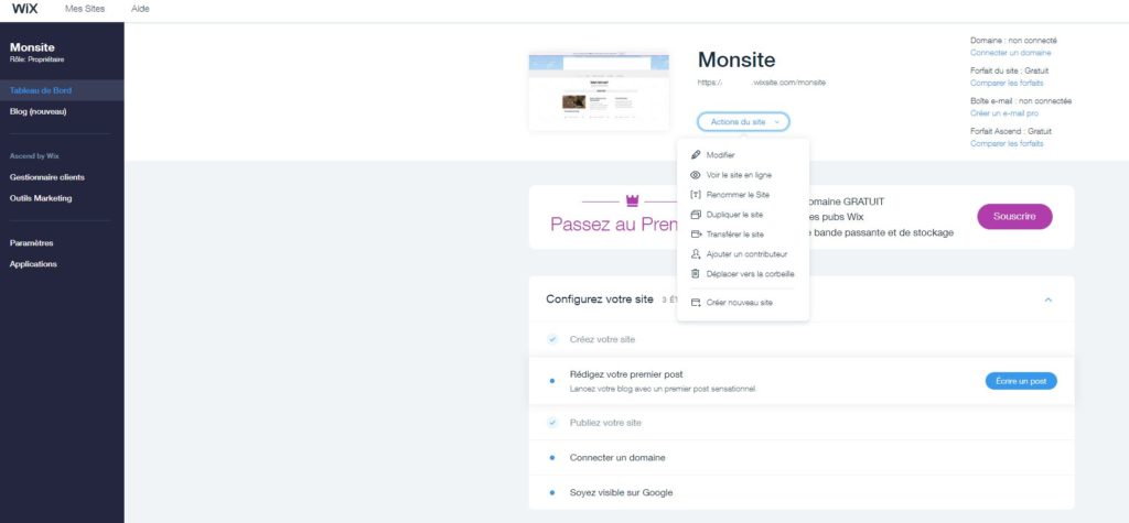Le tableau de bord de Wix permet facilement de gérer l'arrière-boutique de son site web et d'écrire des billets de blog. Le tableau de bord de Wix permet facilement de gérer l'arrière-boutique de son site web et d'écrire des billets de blog.