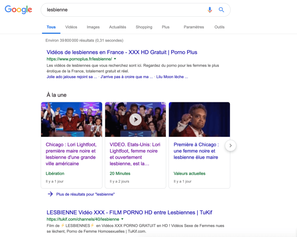 Capture d'écran d'une recherche "lesbienne" sur Google le 5 avril 2019 Capture d'écran d'une recherche "lesbienne" sur Google le 5 avril 2019