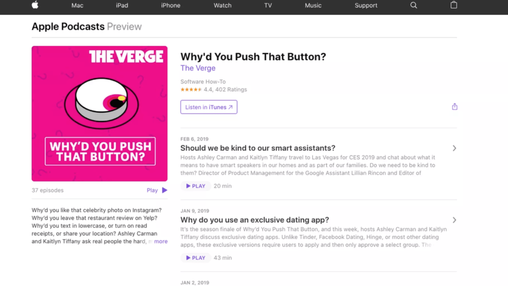 La nouvelle version du site web d'Apple Podcasts // Source : The Verge La nouvelle version du site web d'Apple Podcasts // Source : The Verge