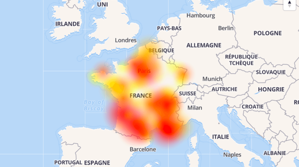 La carte des pannes Orange signalées ce 15 avril 2019 // Source : downdetector.fr La carte des pannes Orange signalées ce 15 avril 2019 // Source : downdetector.fr