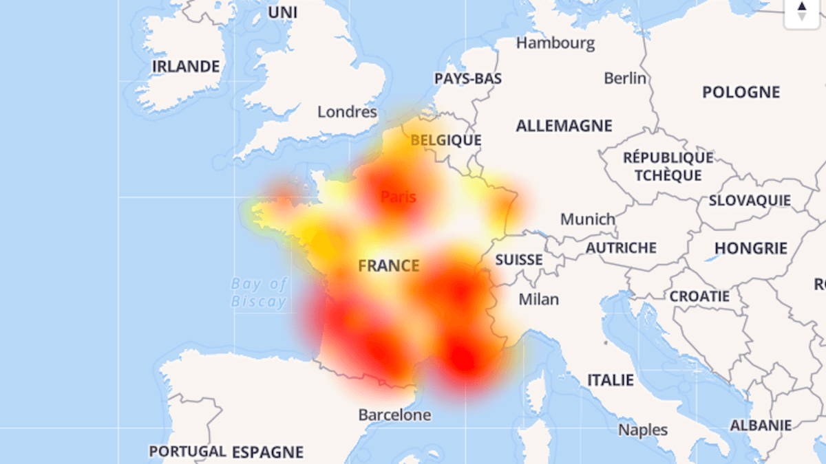 La carte des pannes Orange signalées ce 15 avril 2019 // Source : downdetector.fr La carte des pannes Orange signalées ce 15 avril 2019 // Source : downdetector.fr