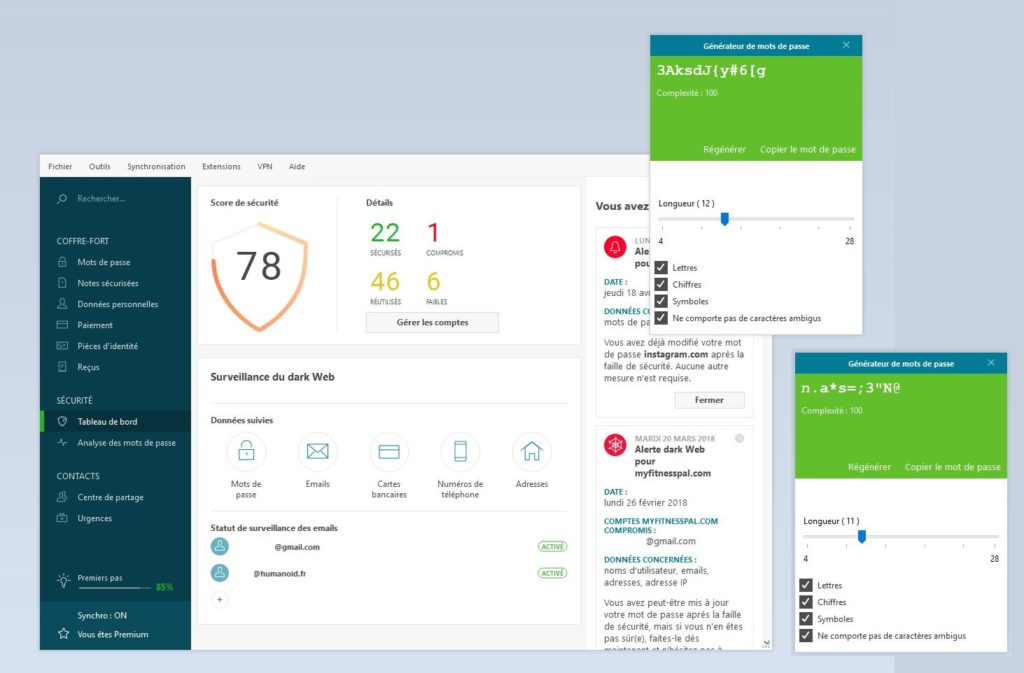 Dashlane comprend un générateur de mots de passe complexes. Plus besoin de se creuser la tête pour en trouver un. Dashlane comprend un générateur de mots de passe complexes. Plus besoin de se creuser la tête pour en trouver un.