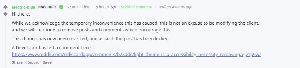 La réaction de Discord. // Source : Capture d'écran Reddit / Numerama La réaction de Discord. // Source : Capture d'écran Reddit / Numerama