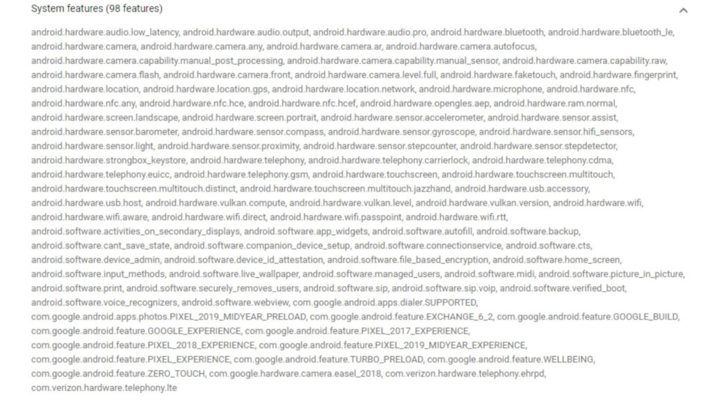 Parmi les « système features » indiquées, une indique « » // Source : 9To5Google Parmi les « système features » indiquées, une indique « » // Source : 9To5Google