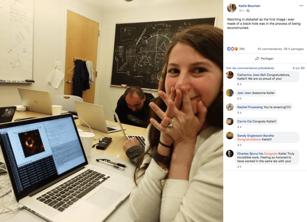 Katie Bouman découvre la photo du trou noir. // Source : Katie Bouman via Facebook Katie Bouman découvre la photo du trou noir. // Source : Katie Bouman via Facebook