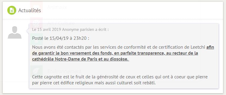 Message publié sur la cagnotte. // Source : Capture d'écran Leetchi Message publié sur la cagnotte. // Source : Capture d'écran Leetchi