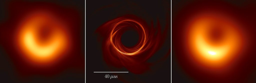 À gauche, l'image prise le 6 avril 2017. Au centre, une simulation de M87*. À droite, la simulation adaptée. // Source : Akiyama et al and ApJL À gauche, l'image prise le 6 avril 2017. Au centre, une simulation de M87*. À droite, la simulation adaptée. // Source : Akiyama et al and ApJL