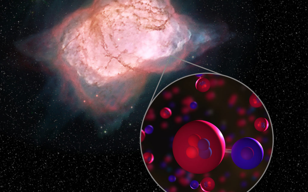 La première molécule formée dans l'univers. // Source : NASA/SOFIA/L. Proudfit/D.Rutter (photo recadrée) La première molécule formée dans l'univers. // Source : NASA/SOFIA/L. Proudfit/D.Rutter (photo recadrée)