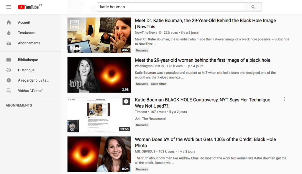 Une recherche des vidéos sur Katie Bouman. // Source : Capture d'écran YouTube Une recherche des vidéos sur Katie Bouman. // Source : Capture d'écran YouTube