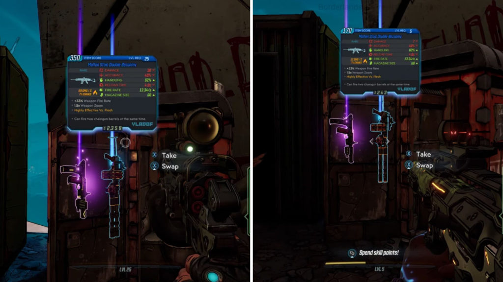 Une même arme, mais deux personnages au niveau très différents. // Source : Youtube/Borderlands Une même arme, mais deux personnages au niveau très différents. // Source : Youtube/Borderlands