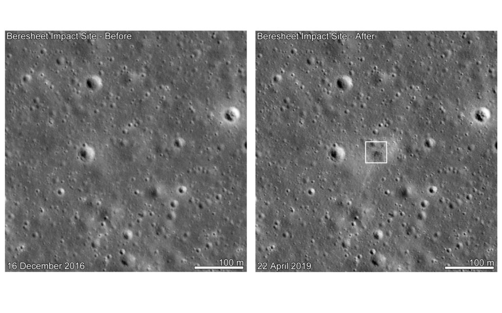 Le site avant et après l'impact. // Source : NASA/GSFC/Arizona State University Le site avant et après l'impact. // Source : NASA/GSFC/Arizona State University