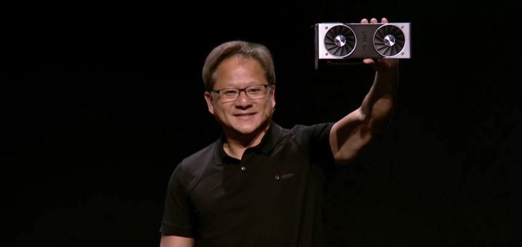 Jen-hsuen Huan avec une carte graphique GeForce RTX. // Source : Youtube/ NVidia GeForce Jen-hsuen Huan avec une carte graphique GeForce RTX. // Source : Youtube/ NVidia GeForce