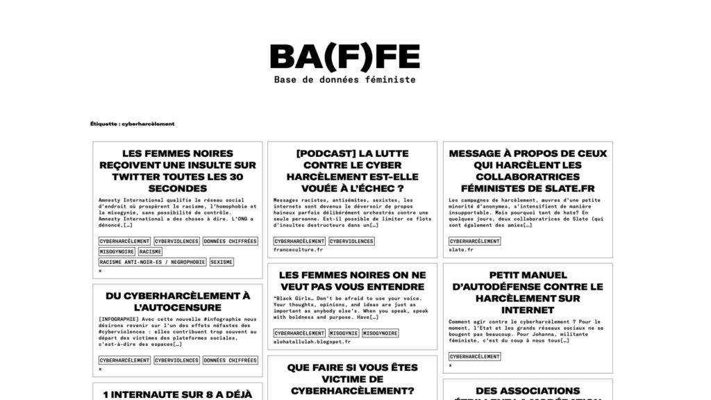 La page du tag sur le cyberharcèlement. // Source : Capture d'écran Ba(f)fe