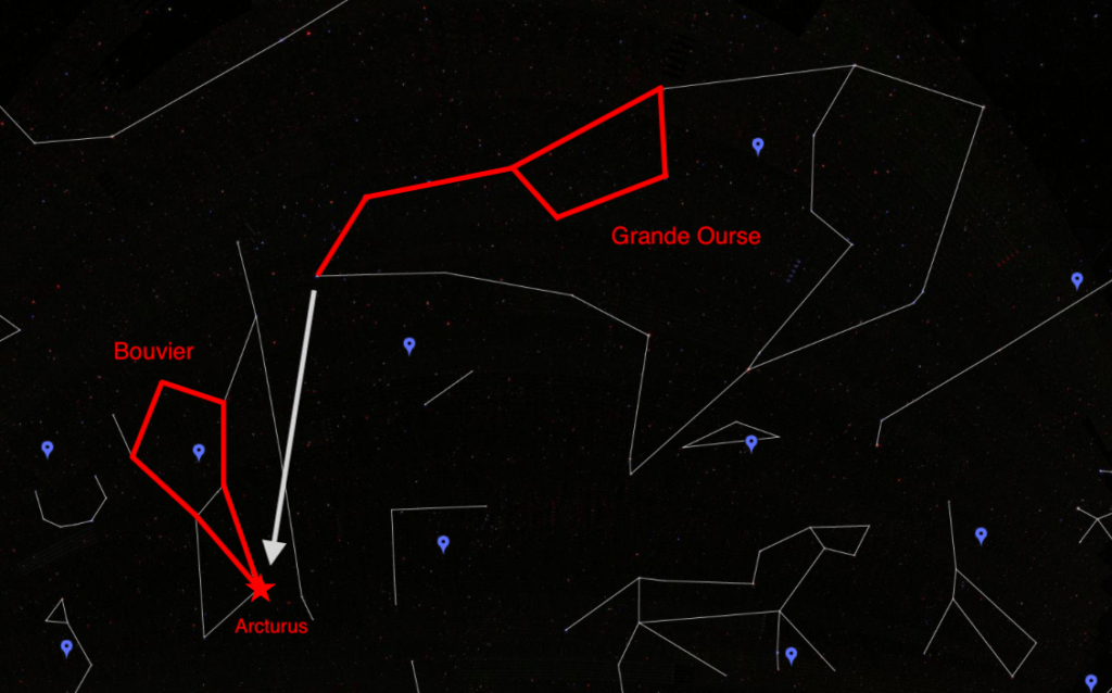 Comment trouver la constellation du Bouvier. // Source : Capture d'écran Google Sky, annotations Numerama Comment trouver la constellation du Bouvier. // Source : Capture d'écran Google Sky, annotations Numerama