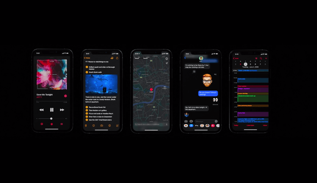 Le mode sombre sur iOS 13 // Source : Apple Events Le mode sombre sur iOS 13 // Source : Apple Events