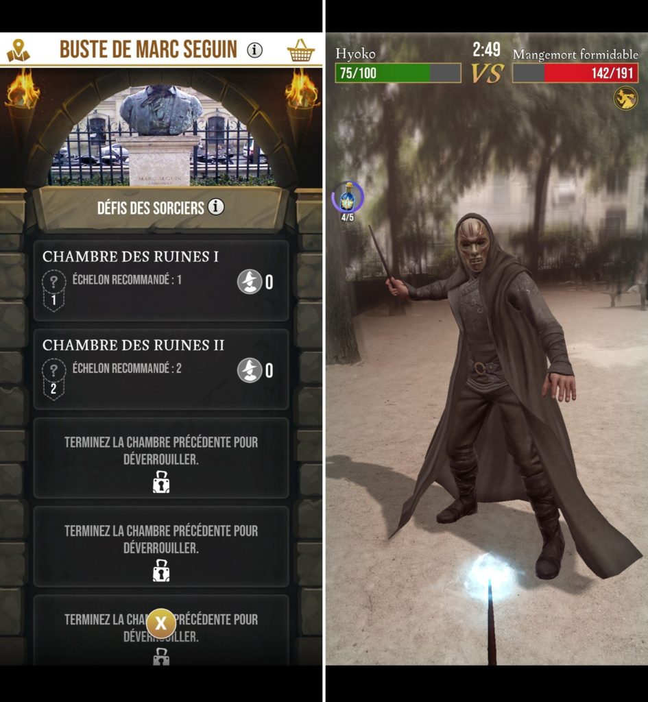Les combats dans les forteresses demandent une bonne gestion de la vie et des potions. // Source : Niantic/Warner Bros. Games