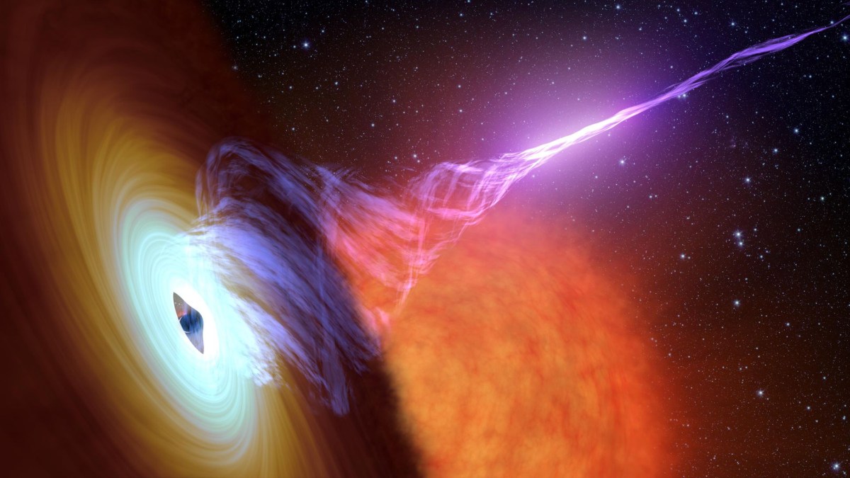 Un trou noir, son disque d'accrétion et son jet de gaz chaud. // Source : NASA/JPL-Caltech (photo recadrée) Un trou noir, son disque d'accrétion et son jet de gaz chaud. // Source : NASA/JPL-Caltech (photo recadrée)