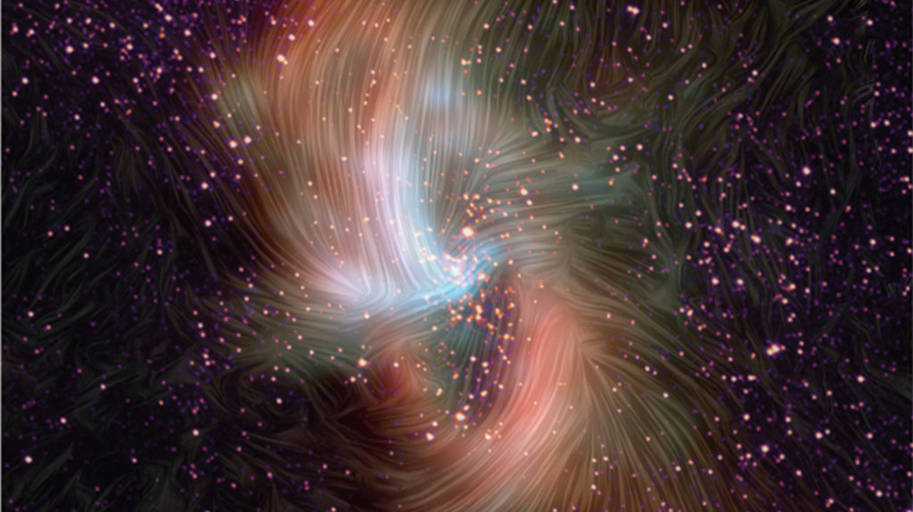 Le champ magnétique autour du trou noir. // Source : NASA, SOFIA, Hubble Space Telescope (photo recadrée) Le champ magnétique autour du trou noir. // Source : NASA, SOFIA, Hubble Space Telescope (photo recadrée)