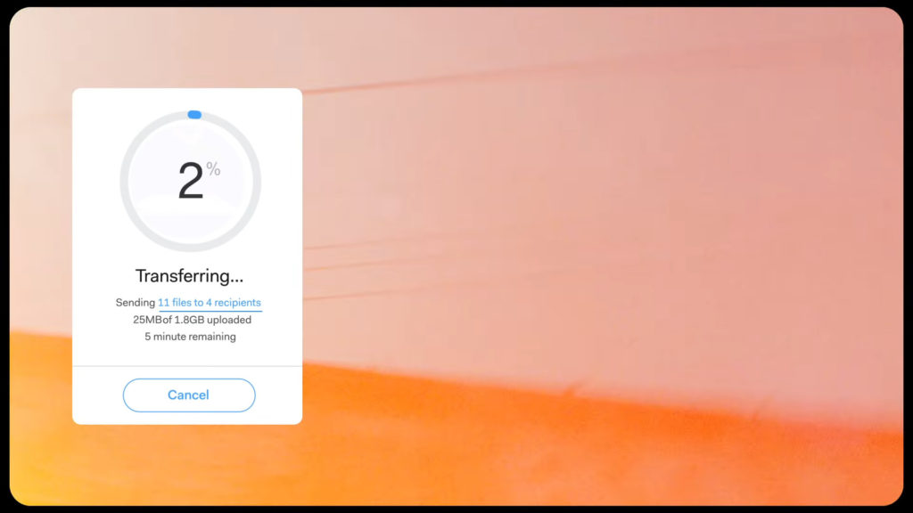 Un transfert de fichiers en cours. // Source : WeTransfer Un transfert de fichiers en cours. // Source : WeTransfer