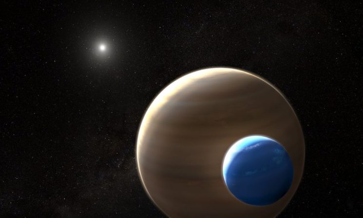 Vue d'artiste de la potentielle exolune de Kepler 1625-b. // Source : Flickr/CC/HubbleESA Vue d'artiste de la potentielle exolune de Kepler 1625-b. // Source : Flickr/CC/HubbleESA
