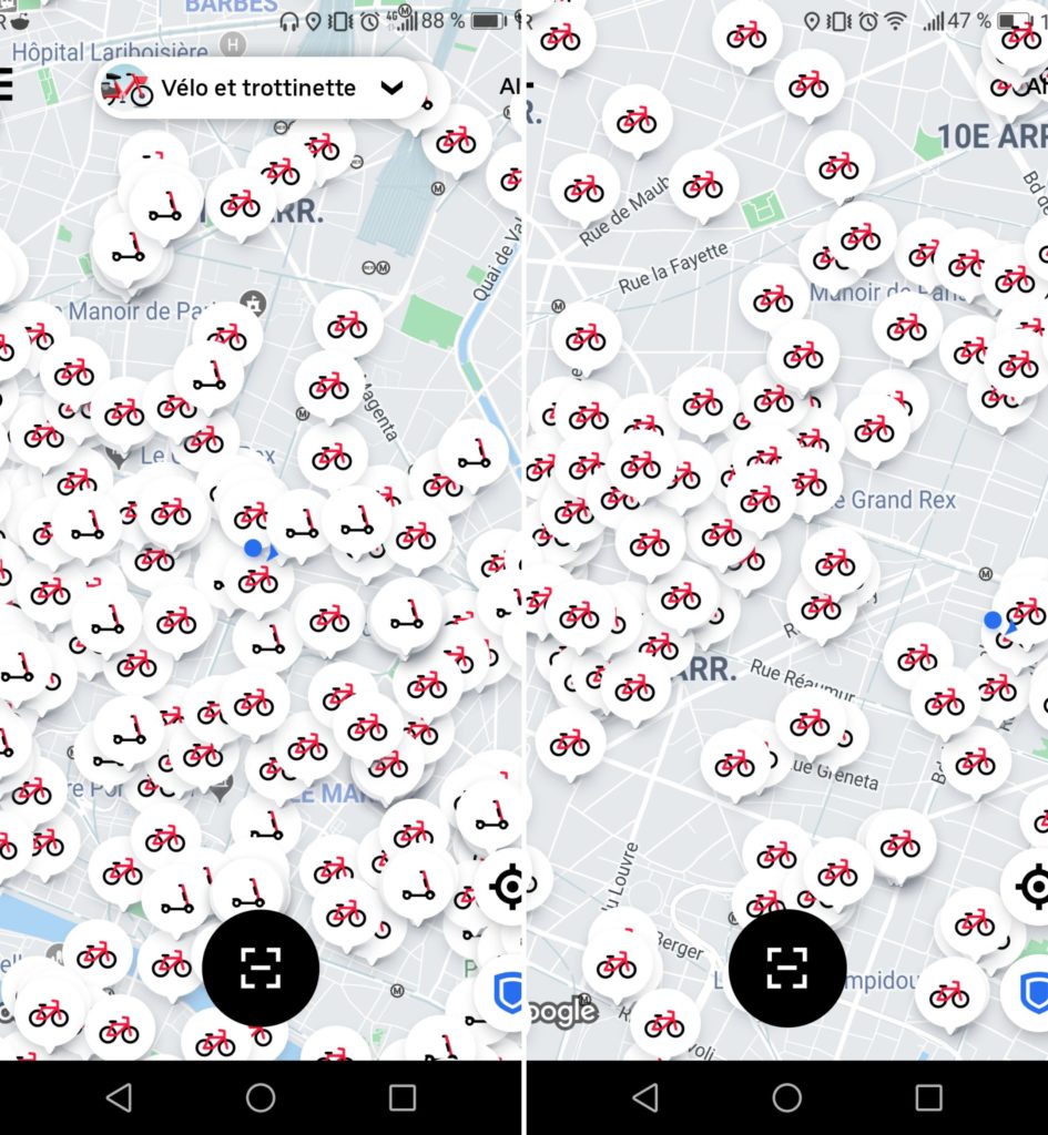 L'application Uber Jump : en avril 2019 à gauche et en juillet 2019 à droite. // Source : Uber