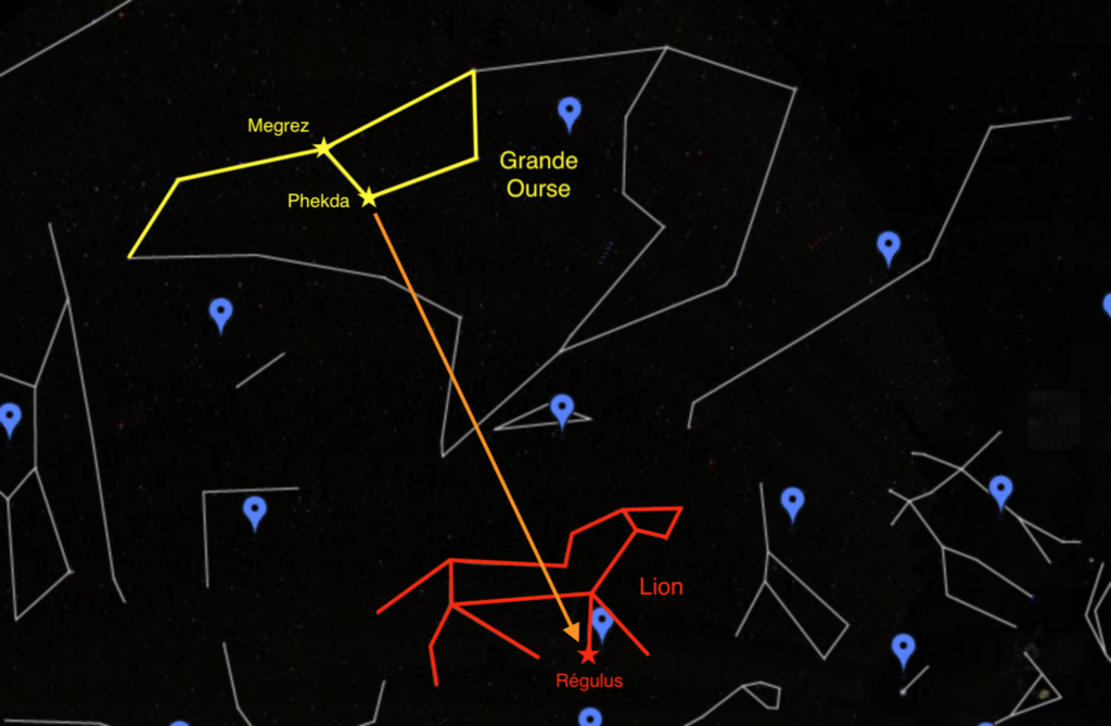 Pour trouver le Lion, repérez la Grande Ourse. // Source : Capture d'écran Google Sky, annotations Numerama Pour trouver le Lion, repérez la Grande Ourse. // Source : Capture d'écran Google Sky, annotations Numerama