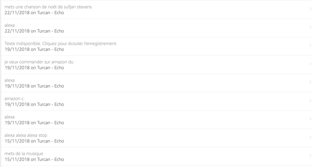 Une historique de commandes vocales // Source : alexa.amazon.fr Une historique de commandes vocales // Source : alexa.amazon.fr