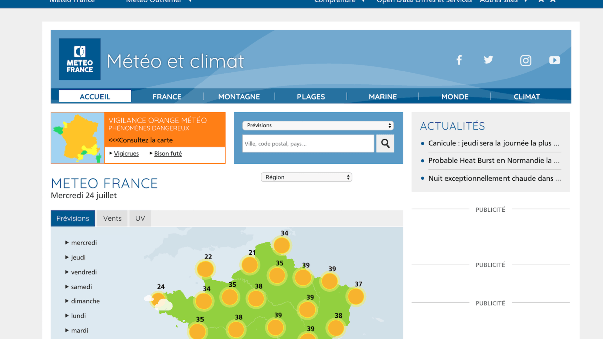 Capture d'écran du site de Météo France lorsqu'il fonctionne Capture d'écran du site de Météo France lorsqu'il fonctionne