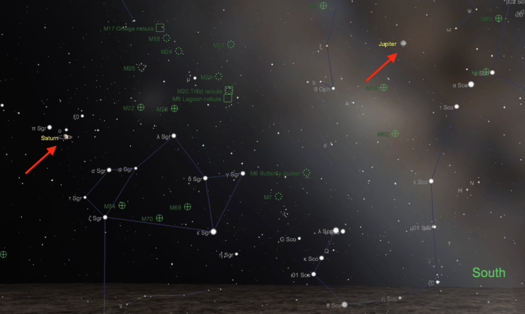 Saturne et Jupiter vues de Paris le soir du 2 août 2019. // Source : Capture d'écran The Sky Live, annotations Numerama