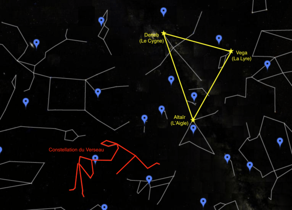 Pour trouver la constellation du Verseau, cherchez le Triangle d'été. // Source : Capture d'écran Google Sky, montage Numerama Pour trouver la constellation du Verseau, cherchez le Triangle d'été. // Source : Capture d'écran Google Sky, montage Numerama