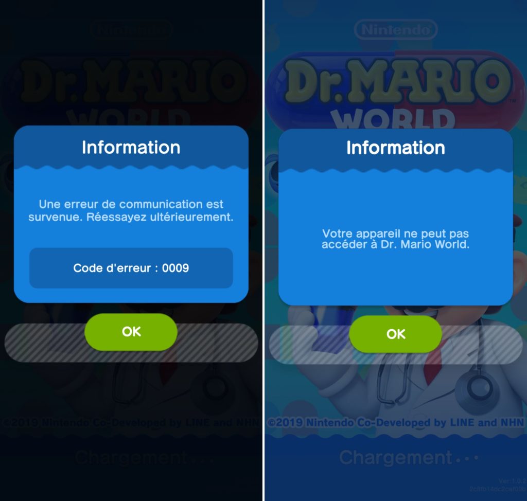 Les messages d'erreur sur Dr. Mario World. // Source : Nintendo Les messages d'erreur sur Dr. Mario World. // Source : Nintendo