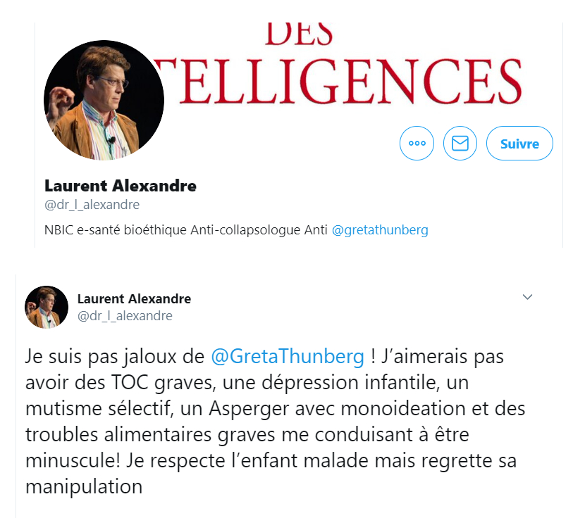 Dans sa bio Twitter, Laurent Alexandre se présente comme un "anti-Greta Thunberg", en la taguant. // Source : Capture d'écran Twitter Dans sa bio Twitter, Laurent Alexandre se présente comme un "anti-Greta Thunberg", en la taguant. // Source : Capture d'écran Twitter